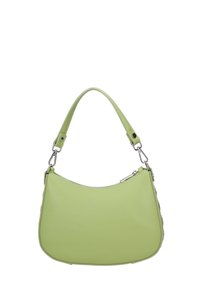 Lichtgroene leren handtas met een gebogen vorm, bovenhandvat en zilveren hardwareaccenten. Glad oppervlak en minimalistisch ontwerp.