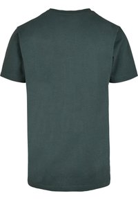 Mørkeblå bomulds t-shirt, kortærmet, rund hals, glat tekstur, ingen synlige mønstre eller detaljer, ensfarvet bagside.
