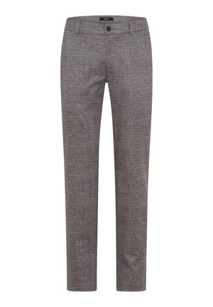 Men’s tailored gray dress pants with front button and belt loops, straight leg cut, textured fabric finish.