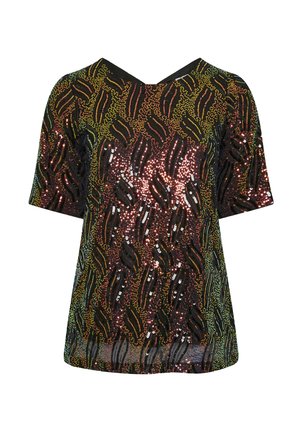 Zwart korte mouwen top bedekt met kleurrijke sequins in een golfpatroon. De V-hals en de gladde textuur versterken de glinsterende uitstraling.