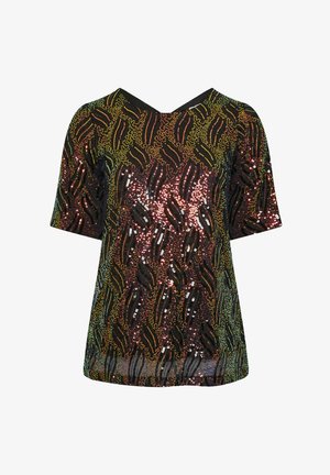 Schwarzes, kurzärmeliges Oberteil, bedeckt mit bunten Pailletten in Wellenmuster. Der V-Ausschnitt und die glatte Textur betonen das schimmernde Erscheinungsbild.