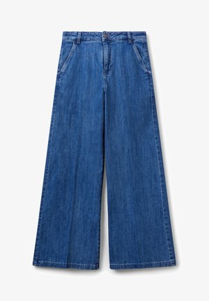 Weit geschnittene blaue Jeans mit Vordertaschen, Gürtelschlaufen und Knopfverschluss.