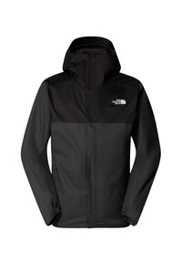 Veste noire à capuche North Face avec manches longues, fermeture éclair sur le devant et logo sur la poitrine gauche, présentée sur fond blanc.