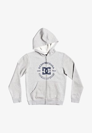 Szara bluza na suwak z kapturem wyłożonym białą podszewką, przednimi kieszeniami oraz granatowym logo i napisem na piersi. Wykonana z miękkiego materiału.