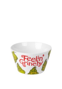 Ciotola in ceramica bianca con illustrazioni del Grinch in stile cartone animato e testo "Feelin' Grinchy" in rosso. Forma arrotondata e leggermente svasata.