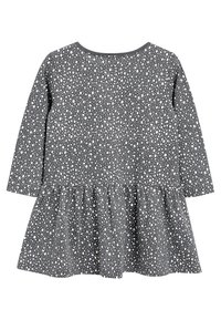 Šedé šaty s dlouhými rukávy, peplum spodní částí a bílým puntíkovaným vzorem. Bavlněný materiál s jemnou texturou a kulatým výstřihem.