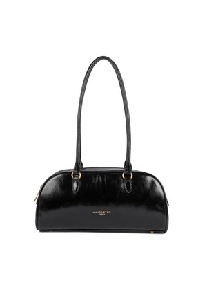 Black leather handbag with a glossy finish, curved shape, dual handles, and gold hardware. Features branding in gold at the front.