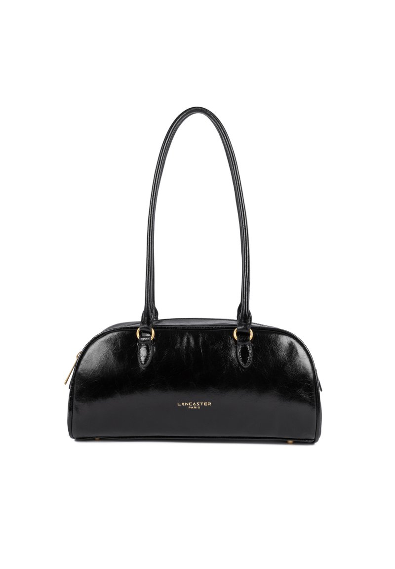 Black leather handbag with a glossy finish, curved shape, dual handles, and gold hardware. Features branding in gold at the front.