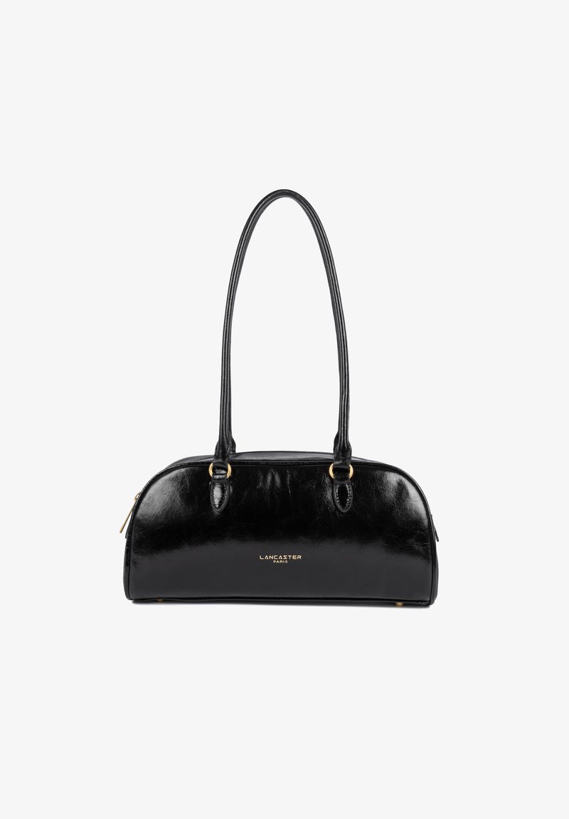 Black leather handbag with a glossy finish, curved shape, dual handles, and gold hardware. Features branding in gold at the front.