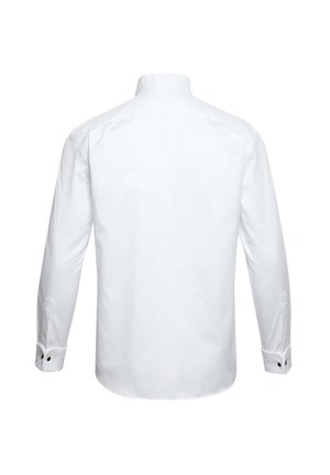 Camicia da uomo bianca a maniche lunghe vista da dietro, con colletto alto e polsini con bottoni, su sfondo bianco neutro.