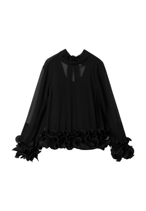 Czarna bluzka z długim rękawem z przezroczystej tkaniny, z falbankami przy mankietach i na dole, z małym wycięciem przy dekolcie.