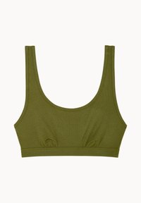 Bralette côtelé vert olive avec un décolleté arrondi et de larges bretelles. Présente une coupe ajustée et des fronces au centre sous la poitrine.
