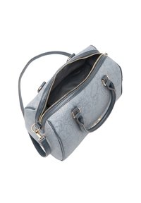 Borsa azzurro chiaro in pelle strutturata, con dettagli in metallo dorato, doppi manici e tracolla regolabile.