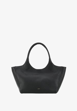 Sac cabas en cuir noir texturé avec deux poignées et petit logo de marque doré centré près du bas.