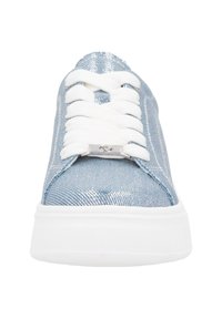 Blue denim sneakers with white laces and rubber sole. Features a textured finish and silver-tone hardware on the tongue.