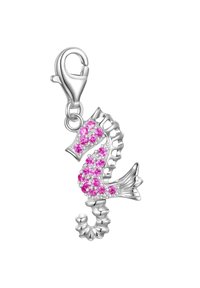 Silver sjöhäst charm med rosa ädelstenar, detaljerad textur och ett säkert lobster clasp för fäste.