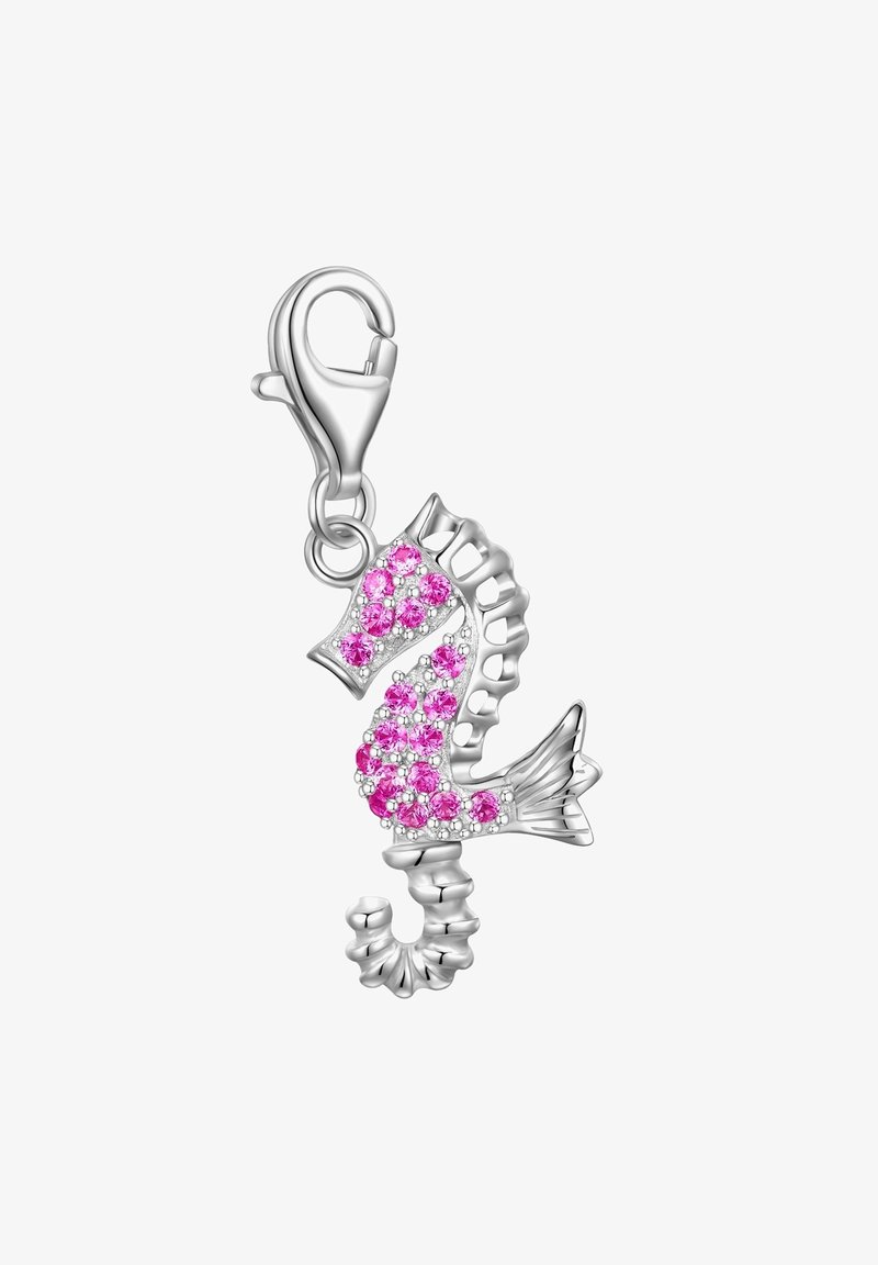 Silver sjöhäst charm med rosa ädelstenar, detaljerad textur och ett säkert lobster clasp för fäste.