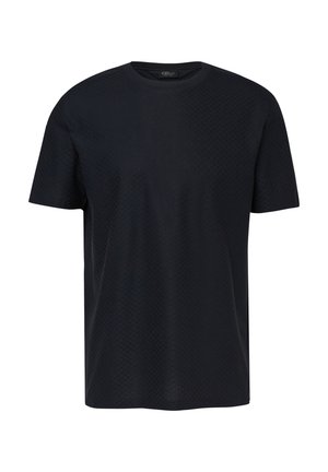 T-shirt noir à manches courtes et col rond avec un motif texturé subtil et une petite étiquette de marque à l'intérieur du col.