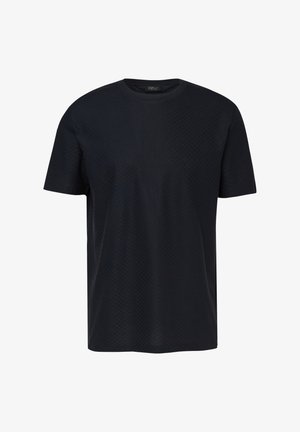 Czarny T-shirt z krótkim rękawem i okrągłym dekoltem, z delikatnym teksturowanym wzorem oraz małą metką marki wewnątrz kołnierza.