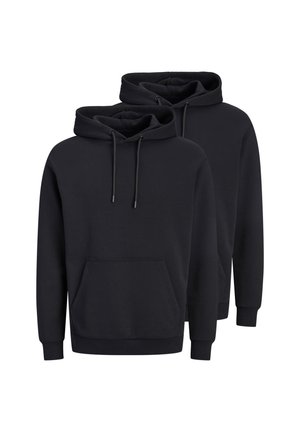 To ensfarvede sorte hættetrøjer med forlommer og snore, vist mod en hvid baggrund.