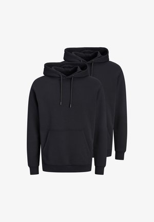 Due felpe nere semplici con cappuccio, tasche a marsupio frontali e coulisse, mostrate su sfondo bianco.