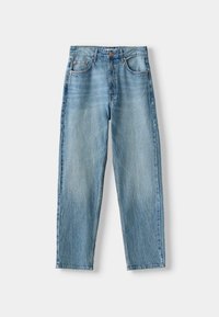 Jasnoniebieskie dżinsy z wysokim stanem i prostymi nogawkami. Posiadają klasyczny fason z pięcioma kieszeniami oraz zapinane na guzik, z lekko wyblakłym wykończeniem.