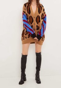 Leopardsmönstrad cardigan i brun med blå och röda randiga ärmar. Har en djup V-ringning, knappar och en avslappnad passform. Bärs över en beige klänning.