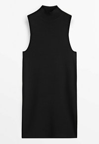 Robe noire sans manches en maille avec un col montant et une silhouette droite, présentée sur un fond blanc uni.