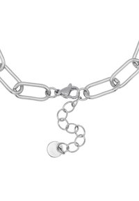 Collana in argento con maglie allungate, chiusura a moschettone e prolungamento con un'etichetta circolare. Texture metallica liscia.