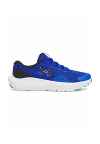 Zapatilla deportiva azul con parte superior de malla, acentos negros y suela de goma blanca. Presenta cordones y perforaciones para transpirabilidad.