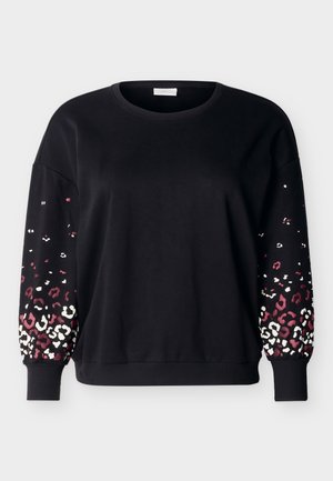 Black long-sleeve sweatshirt with round neck and ribbed cuffs, featuring pink and white leopard print pattern on lower sleeves.