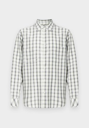 Long-sleeve button-up shirt with white, gray, and black plaid pattern and a single chest pocket against a plain background.
