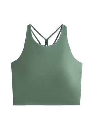 High-neck sage green cropped sports tank top with thin double straps forming a Y-shape at the back.
