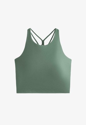 High-neck sage green cropped sports tank top with thin double straps forming a Y-shape at the back.