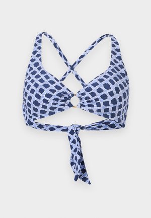 Sinise ja valge ruuduline bikiinitop õhukeste ristatud õlapaeltega, keskmise rõngaga detaili ja ees olevate sõlmedega sulgemisega.