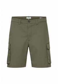 Oliven grønne cargo shorts med sidelommer, knaplukning og et struktureret bomuldsblandingsstof. Lige snit og knælængde design.