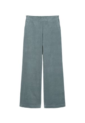 Pantalons à jambe large en tissu teal doux et atténué avec une texture lisse et une taille élastique, sans poches ni fermetures visibles.