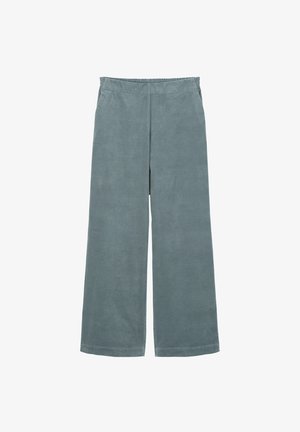 Weite Hosen aus einem weichen, sanften Teal-Stoff mit glatter Textur und elastischem Bund, ohne sichtbare Taschen oder Verschlüsse.