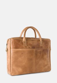 Brown leather laptop bag with double handles, zipper closure, and a front pocket. Features a smooth texture and subtle branding.