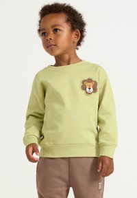 Bambino con i capelli ricci che indossa una felpa verde chiaro con una patch a forma di leone e pantaloni marroni, in piedi contro uno sfondo semplice.
