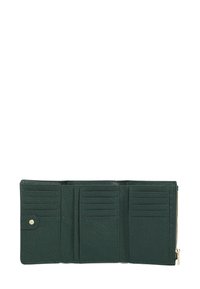 Portafoglio verde testurizzato con più scomparti per carte, chiusura a scatto e compartimento con zip per monete o piccoli oggetti.