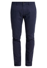 Chinos blu scuri in cotone. Design aderente con una texture liscia, dotati di chiusura con bottone e passanti per cintura. Gambe dritte classiche.