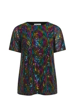Top de manga corta con un diseño de lentejuelas multicolor y un escote redondo. La tela es brillante con superficies reflectantes variadas.