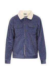 Kék kordbársony öltönykabát krém színű műshearling gallérral, melyen két mellzseb és patent gombok találhatók az elején.