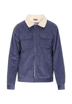 Tumesinine veluurjakkk, millel on kreemjast valevaigust krae, kaks rinna taskut ja nööbid ees.