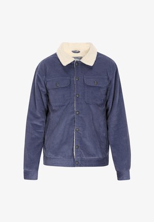 Kék kordbársony öltönykabát krém színű műshearling gallérral, melyen két mellzseb és patent gombok találhatók az elején.