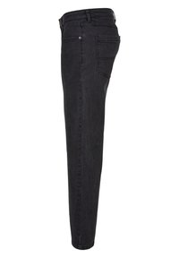 Jean en denim noir à coupe ajustée, doté d'une taille standard, de cinq poches et de détails de couture discrets.
