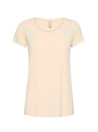 Cream-colored t-shirt with a round neckline and short sleeves. Made of soft fabric with a relaxed fit and a smooth texture.
