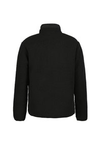 Musta fleece-takki, jossa on pitkät hihat ja korkea kaulus, näkyy selkäpuolelta valkoista taustaa vasten.