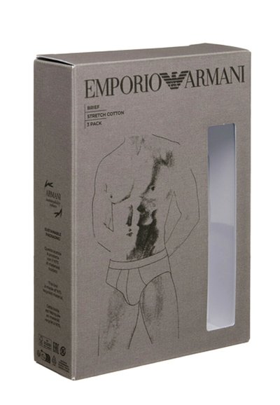 Emporio Armani Stretch-Baumwoll-Slip 3er-Pack Verpackung mit einer Skizze eines männlichen Oberkörpers, der Slips trägt, und einem Sichtfenster, das das Produkt im Inneren zeigt.